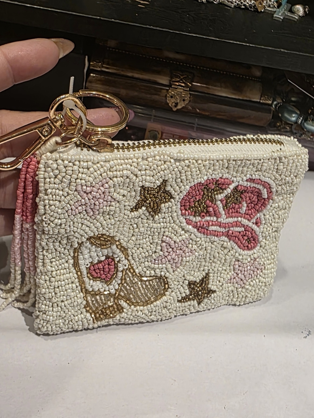 Sincerely Jules Cream Beaded Wristlet Pouch with Pink & Gold Accents
